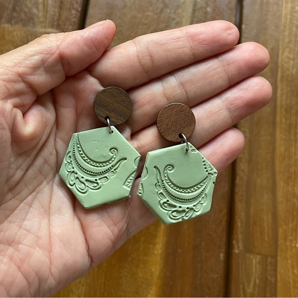 Green Hexagon Textured Wooden Dangling Earrings - Picture 4 of 4